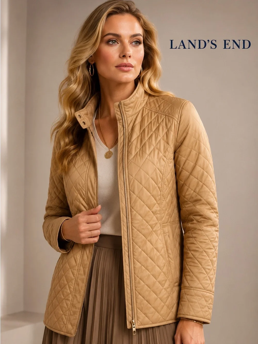 🌸Lands' End Women's Quilted Tan Jacket Size L Preppy Quiet Luxury Classic Fall